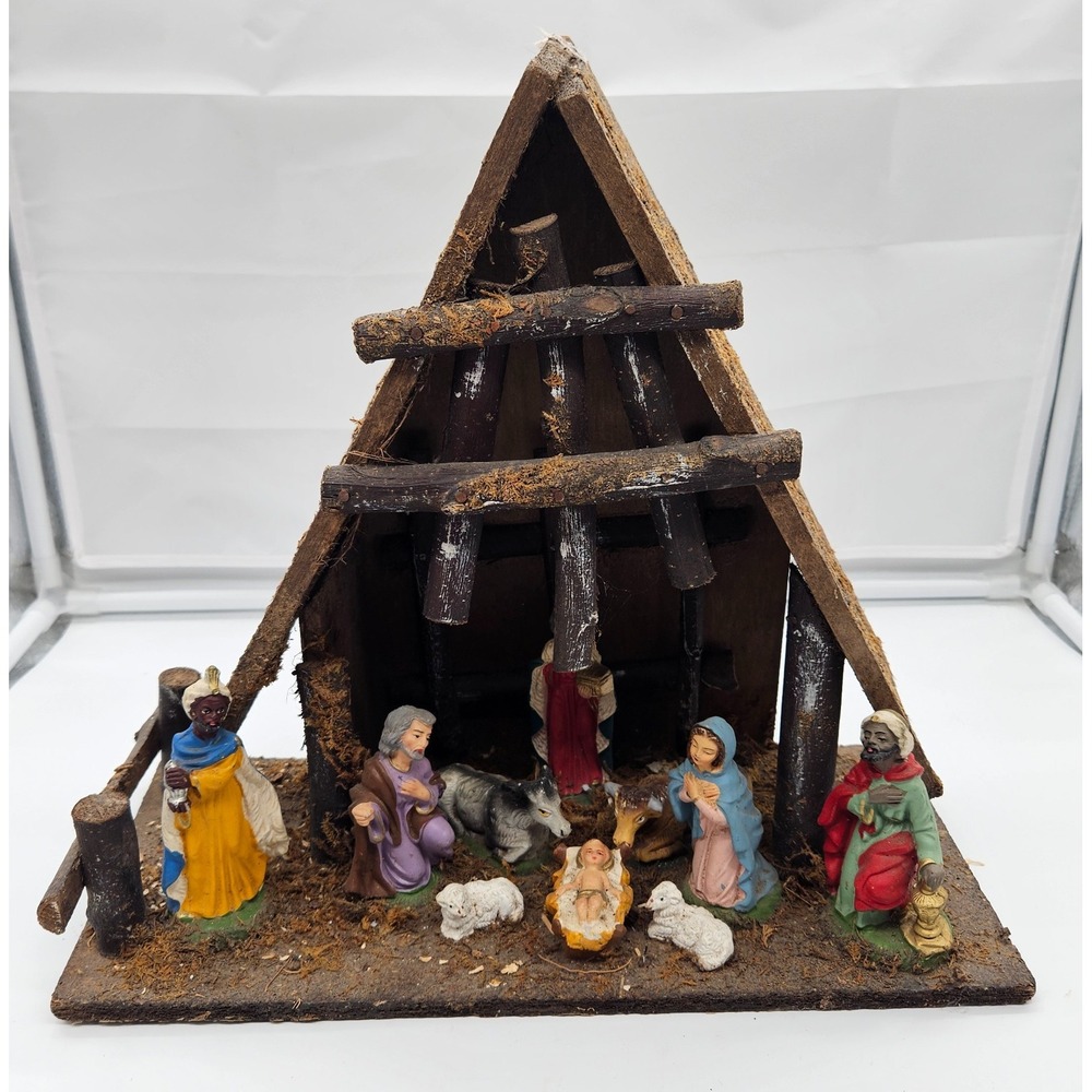 Vintage Fontanini Christmas Nativity Set Paper Mache 11 Pc Italy Wooden Creche